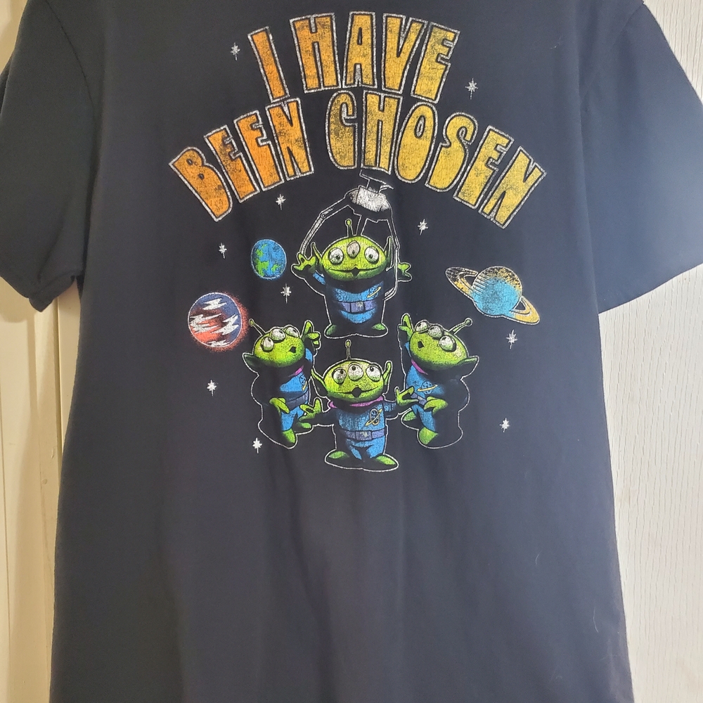Disney Black Tee with Green Aliens and Yellow Text